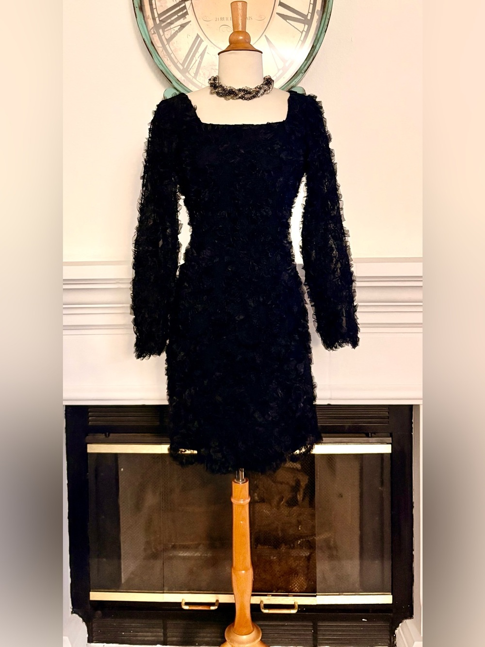 Saks Fifth Avenue Black Long-Sleeve Textured Square Neck Dress
